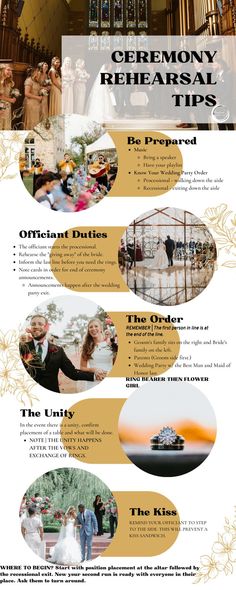 the wedding ceremony info sheet is shown in gold and white, as well as an image of