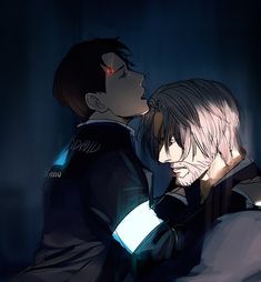 two anime characters cuddling in the dark, one with his arm around the other's shoulder