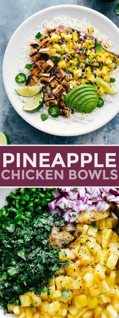 pineapple chicken bowls with avocado, onions and cilantro on the side