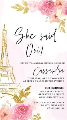 the eiffel tower is shown in this pink and gold bridal shower party
