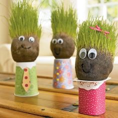 Grass people-- Science and spring in one cute package! Your students will love watching these grow. This would be wonderful to couple with a unit on measurement. Recycled Crafts, Spring Crafts, Origami, Diy, Craft Ideas, Earth Day Crafts, Crafts For Kids