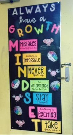 a bulletin board that says always have a growth minds and never stay exciting take action