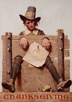 a painting of a man sitting on top of a wooden bench holding a piece of paper