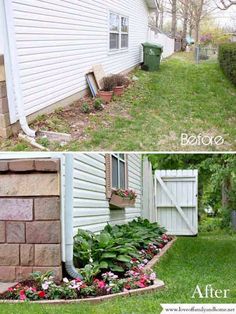 before and after pictures of landscaping in front of a house
