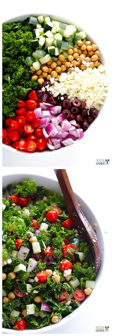 two pictures showing different types of salads