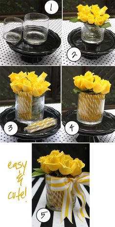 four pictures show how to make a vase with candles and flowers in it for centerpieces