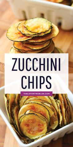 zucchini chips stacked on top of each other in a white bowl with the title overlay