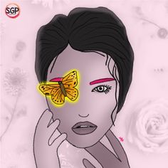 a drawing of a woman with a butterfly on her face and flowers in the background
