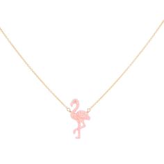 a pink flamingo necklace on a gold chain