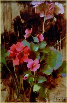 a painting of pink flowers in a vase on a brown background with green and red leaves