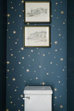 two framed pictures hang above a toilet in a blue bathroom with gold stars on the wall