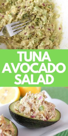 tuna avocado salad in an avocado shell on a plate with a fork