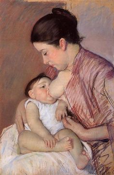 a painting of a woman holding a baby in her lap and looking down at it