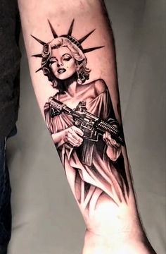 Marilyn Monroe statue of liberty holding a rifle Statue, Outlaw Tattoo, Liberty Tattoo, Western Tattoos