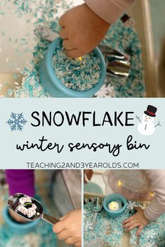 This winter sensory bin is loaded with dyed rice, various sized snowflakes, small snowmen and scoops. But what makes it most fun are the flickering tea light candles! A great way to build fine motor skills during your winter theme. #winter #sensory #snow #snowflakes #snowman #finemotor #preschool #3yearolds #4yearolds #teaching2and3yearolds Reggio Emilia, Sensory Snow, Toddler Sensory Bins, Infant Sensory Activities