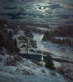 a painting of the moon over a snowy landscape