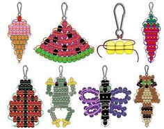 six different types of beaded ornaments hanging from strings on hooks, each with an individual's own design