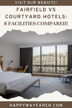 a hotel room with a large window overlooking the city and surrounding buildings is featured in this ad for happywayfare com