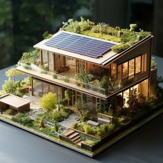 a model of a house with solar panels on the roof and trees in the yard