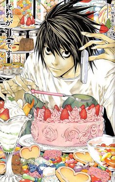 an anime character holding a knife over a cake with strawberries on it and looking at the camera