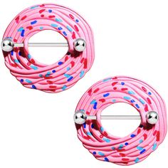 two pairs of pink and blue sprinkles on round metal ear wires with silver balls