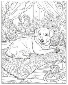 a large dog laying on top of a bed in front of flowers and plants,