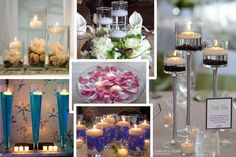 a collage of photos with candles, flowers and vases on it's sides