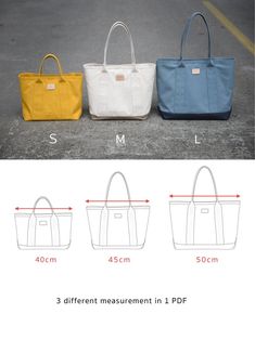 three different types of handbags are shown in the same size and color, with measurements for each bag