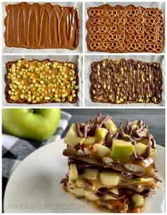 four different types of desserts with chocolate, apples and caramel toppings on them