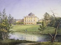 a painting of a large yellow building with a pond in the foreground and people walking on the other side