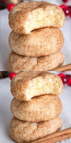 a stack of doughnuts with cinnamon sprinkles on the top and bottom