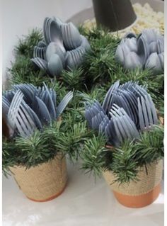 there are many forks and spoons in small pots on the table with pine needles