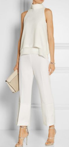 - Everly silk chiffon-trimmed crepe top DESIGNER : ELIZABETH AND JAMES - Satin-trimmed crepe wide-leg pants DESIGNER : Theory - Harmony metallic leather sandals DESIGNER : Giuseppe Zanotti - Áo Blu, Ținută Casual, Mode Chic, Pants Suit, Moda Vintage, 여자 패션, White Outfits, Look Chic