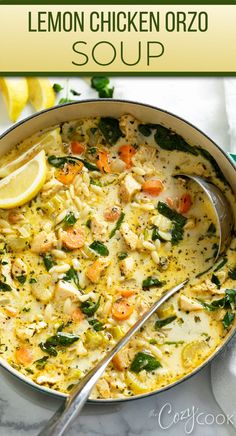 lemon chicken orzo soup with chicken, rice, and a mix of vegetables Healthy Recipes, Lemon Chicken, Lemon Chicken Orzo Soup, Lemon Chicken Soup, Greek Lemon Chicken Soup, Lemon Chicken Pasta, Greek Lemon Chicken, Chicken Orzo Soup, Lemon Orzo Soup