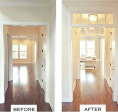 two pictures of the inside of a house with wood floors and white walls, one is empty