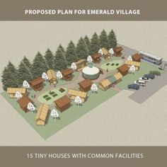 an aerial view of the tiny houses with common facilities