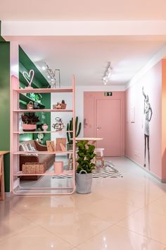 a pink and green room with shelves filled with plants