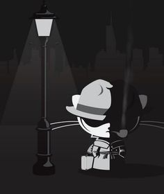 a cartoon character standing next to a street light with a box in front of him