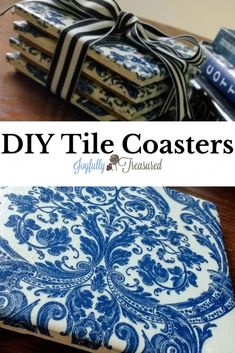 some blue and white coasters are stacked on top of each other with the words diy tile coasters