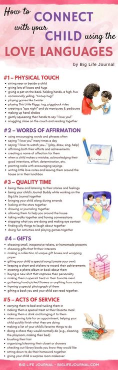 the poster shows how to connect with your child using the love languages