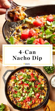a pan filled with nacho dip on top of a wooden table