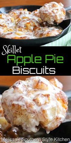 skillet apple pie biscuits in a cast iron skillet and topped with icing