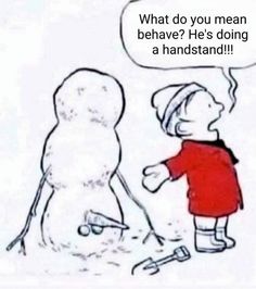 a cartoon drawing of a boy standing next to a snowman with a thought bubble above his head