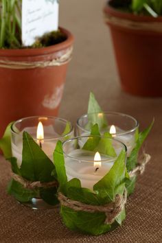 three glass candles with green leaves and twine around them on a brown table cloth
