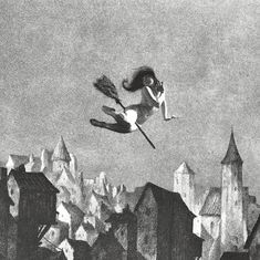 a black and white drawing of a girl flying through the air with a broom in her hand