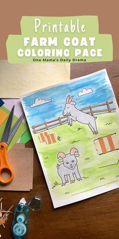 an image of a farm goat coloring page on a table with scissors and other crafting supplies
