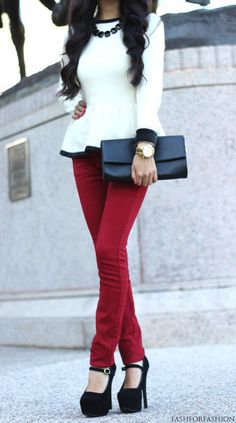 Peplum + a pop of red Outfit Accessories, Outfit, Red Pants
