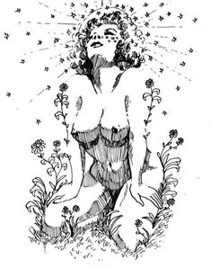 a black and white drawing of a naked woman sitting on the ground surrounded by flowers