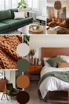 a collage of photos with different furniture and decor items in various rooms, including a bed, couch, chair, coffee table, rug