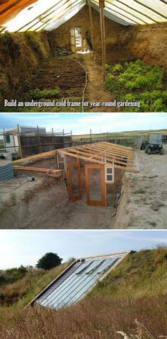 two pictures showing the different stages of building a house in an area with grass and dirt